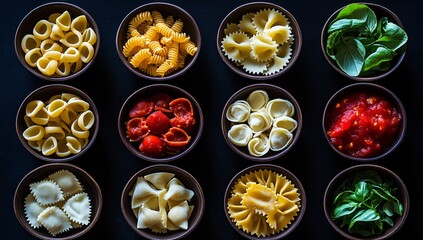 Assorted Pasta Types with Tomatoes and Basil: Italian Food Ingredients