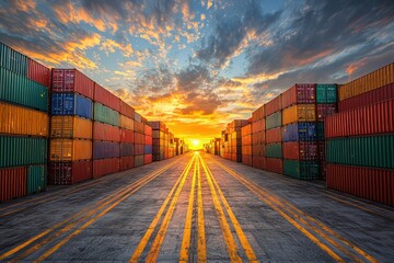 Fototapeta premium Container stacks under twilight skies with a truck port area high fidelity photography urban environment wide angle view logistics concept