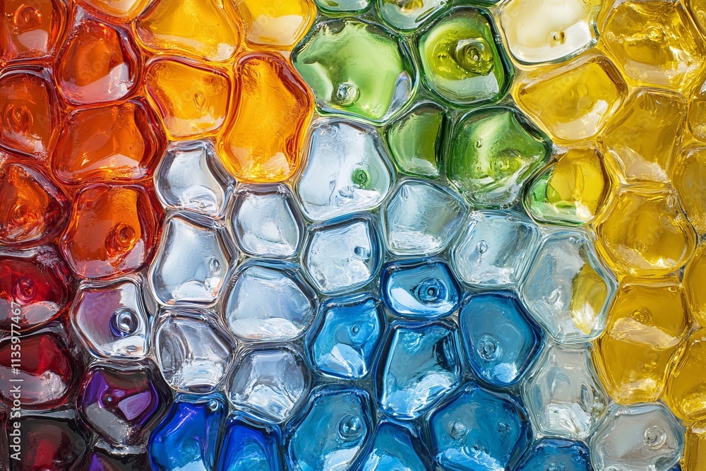 Poster textured bubble-filled glass displaying vibrant rainbow colors and small air pockets in intricate pa