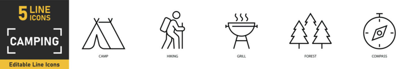 Camping line icon set. Set of 5 outline icons related to camp, hiking, grill, forest, compass and more. Vector illustration.