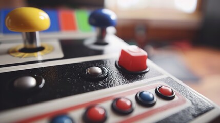 Close-up of joystick controller on gaming console with colorful game icons, symbolizing entertainment and leisure in modern living room setup.