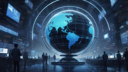 Obraz premium A conceptual representation of the potential of the internet, featuring a glowing globe made up of interconnected digital lines, symbols, and icons representing various aspects of the online world. Th