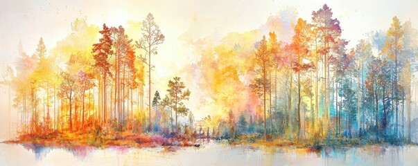 Naklejka premium A vibrant watercolor landscape featuring colorful trees reflecting on water, creating a serene and artistic nature scene.