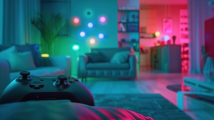 Close-up of joystick controller on gaming console with colorful game icons, symbolizing entertainment and leisure in modern living room setup.