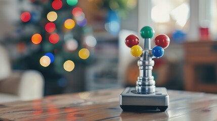 Close-up of joystick controller on gaming console with colorful game icons, symbolizing entertainment and leisure in modern living room setup.