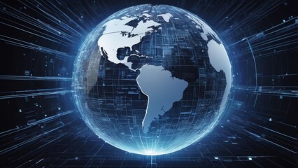 A conceptual representation of the potential of the internet, featuring a glowing globe made up of interconnected digital lines, symbols, and icons representing various aspects of the online world. Th