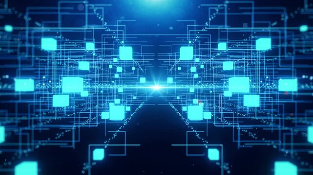Technology grid blocks, dynamic data structures. glow particles form lines, Info concept lines and nodes, ai construction light grid. Lines form hologram information blocks, Hi-tech info technology.