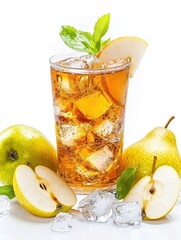 Fototapeta premium A refreshing drink made with pear slices, ice, and mint leaves in a glass.