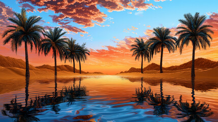 Obraz premium desert oasis with towering palms reflects in tranquil waters under vibrant sunset. serene landscape evokes sense of peace and beauty
