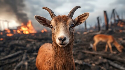 A close-up of a goat with a serious expression, set against a backdrop of a burning landscape, evoking themes of survival and resilience.