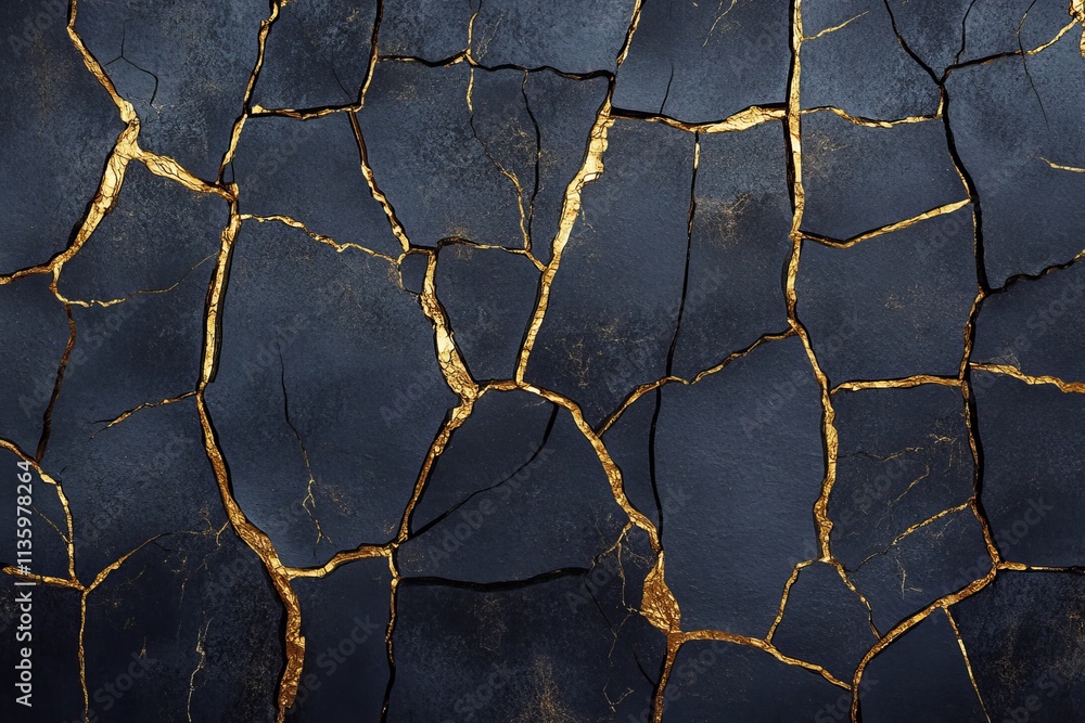 Poster cracked black ceramic texture embellished with gold lines showcasing intricate patterns and contrast