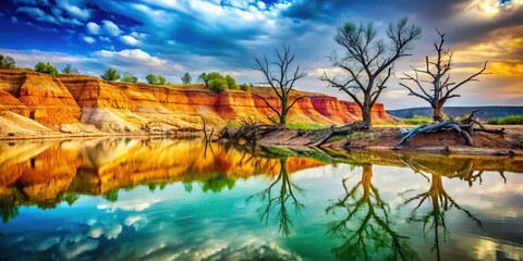 Obraz premium Ethereal Tagus River: double-exposed photo captures dead trees buried within layered sediment.