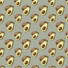 Watercolor avocado, background. Watercolor avocado pattern. Fruits, vegetables. Half of a brown ripe avocado with a stone. Design for food packaging, stationery and wallpaper.