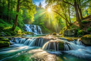 Fototapeta premium Fast-flowing mountain stream plunges over a waterfall, framed by vibrant forest scenery.