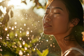 Fototapeta premium Immerse yourself in a vibrant scene where radiant sunlight filters through lush greenery, casting a warm glow on flawless skin. Delicate petals swirl gracefully in the air, while droplets of water shi