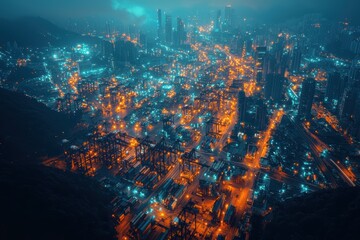 Dynamic logistics hub at night urban cityscape aerial view vibrant lights modern infrastructure wide-angle perspective