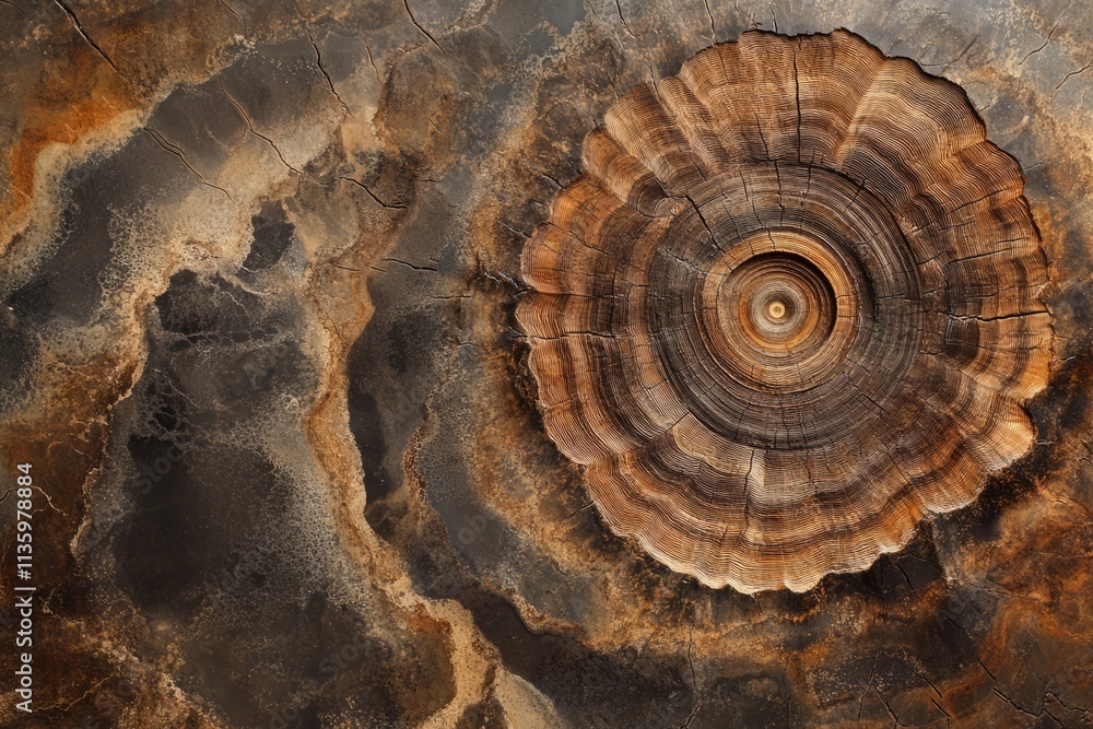 Poster cross-section texture of a tree trunk reveals intricate patterns and natural beauty in earthy tones 