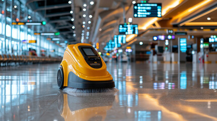 robotic cleaner efficiently disinfects airport terminal, showcasing modern technology in busy travel environment. bright yellow device stands out on polished floor