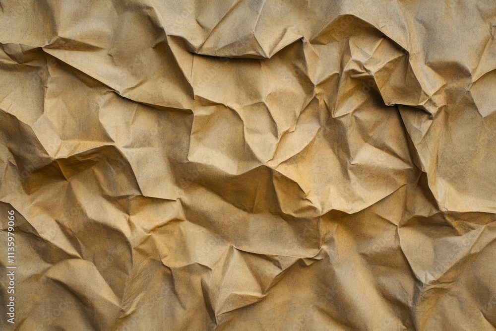 Poster Crumpled paper texture with nuanced folds and wrinkles, showcasing intricate patterns and natural shadows in warm tones