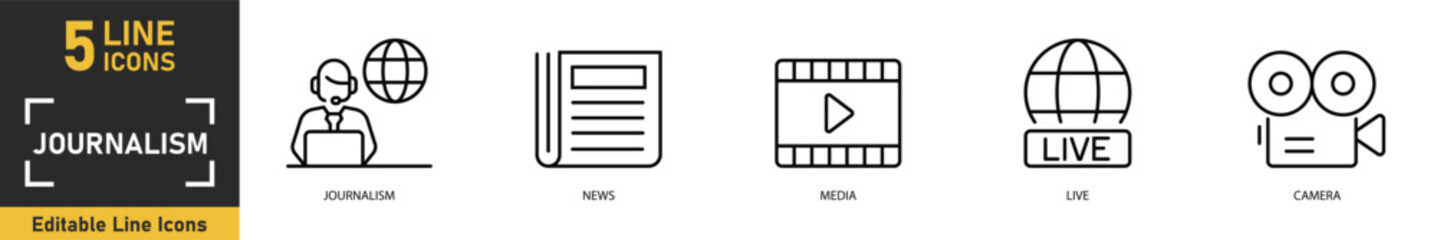 Journalism line icon set. Set of 5 outline icons related to journalism, news, media, live, camera and more. Vector illustration.