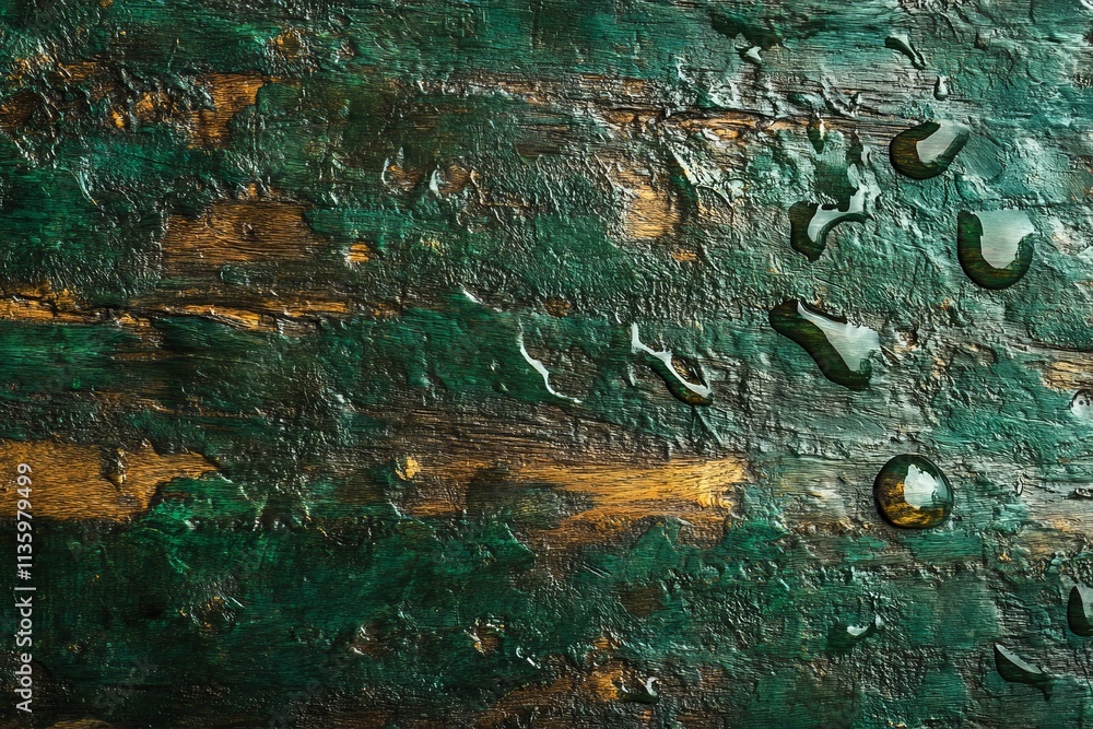 Poster detailed texture of damp rainforest wood with a wet surface and water droplets reflecting light