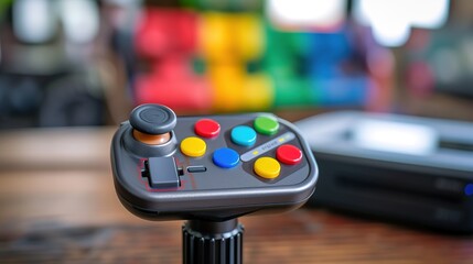 Close-up of joystick controller on gaming console with colorful game icons, symbolizing entertainment and leisure in modern living room setup.