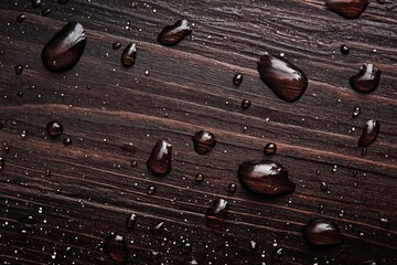 Dark brown wood texture with glistening water droplets creates a stunning natural aesthetic in a cozy environment