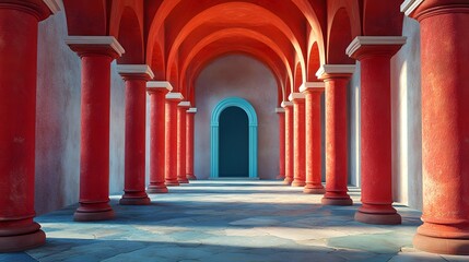 a long hallway with red columns and a blue arched doorway at the end