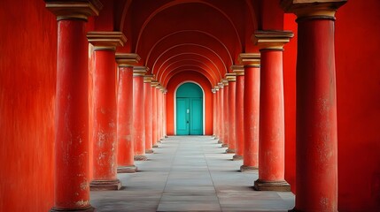 a long hallway with red columns and a blue arched doorway at the end