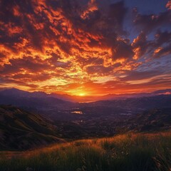 Fototapeta premium Clouds ablaze at sunset, enhancing the idyllic hilltop vista.