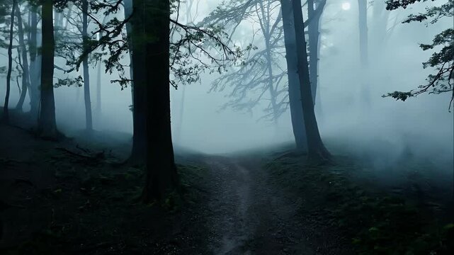 Fog spreading over a dark forest path, creating a mysterious vibe with trees fading into the mist