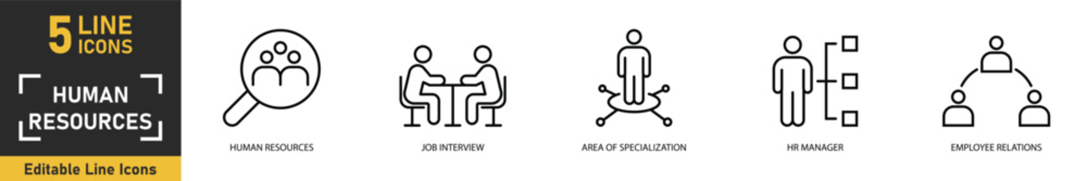 Human Resources line icon set. Set of 5 outline icons related to human resources, job interview, area of specialization, hr manager, employee relations and more. Vector illustration.