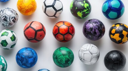 A collection of soccer balls in various designs and colors, neatly arranged on a white background
