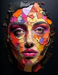 An artfully designed face made of colorful, shattered fragments resembling a mosaic. Vibrant colors and dramatic details create a captivating, surreal effect.