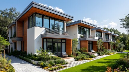 Fototapeta premium A row of modern townhouses with gray metal roofs and white walls, each house has an exterior balcony on the second floor,