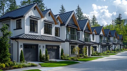 Obraz premium A row of modern townhouses with gray metal roofs and white walls, each house has an exterior balcony on the second floor,