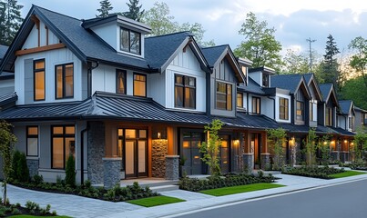A row of modern townhouses with gray metal roofs and white walls, each house has an exterior balcony on the second floor,


