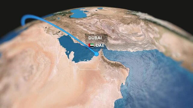 Elegant 3D animated travel map showcasing a flight route between Paris and Dubai. Perfect for tourism promotions, business presentations, and travel-related projects.