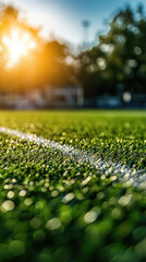Naklejka premium Lush green artificial turf with sunlight and bokeh effect