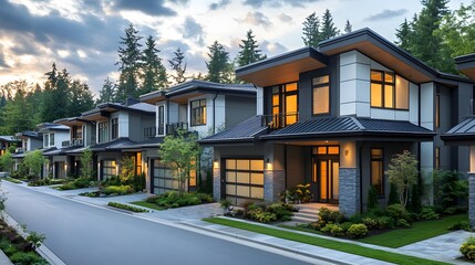 Obraz premium A row of modern townhouses with gray metal roofs and white walls, each house has an exterior balcony on the second floor,