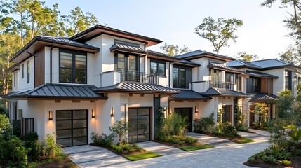 Fototapeta premium A row of modern townhouses with gray metal roofs and white walls, each house has an exterior balcony on the second floor,