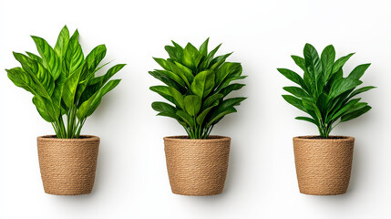 Obraz premium Three Potted Plants: A minimalist arrangement of three potted plants, each with lush green foliage, adds a touch of nature and vibrancy to any space. The plants are positioned in a row.