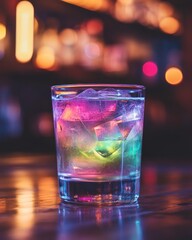 A vibrant cocktail glass with colorful ice cubes, set against a blurred bar background.