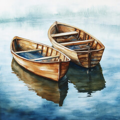 Gently bobbing rustic wooden boats reflect beautifully on calm water