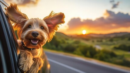 Dog with ears flying in the wind, head out of car window, vibrant sunset landscape behind, joyful expression, Dog Head Out Car Window