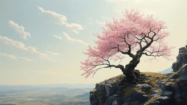 Pink cherry blossom tree on cliff