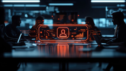 A futuristic workspace with digital interfaces, showcasing teamwork and innovation in technology.