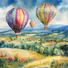 Obraz premium Whimsical hot air balloons soar above vibrant landscape, creating serene scene