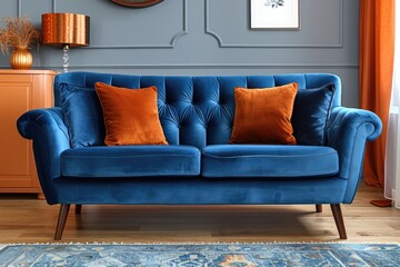 Blue Velvet Sofa Decorated With Orange Pillows