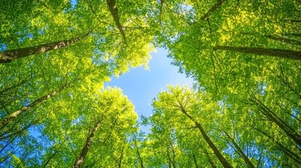 Fototapeta premium A forest scene from the ground, looking straight up at a canopy of green leaves and blue sky.